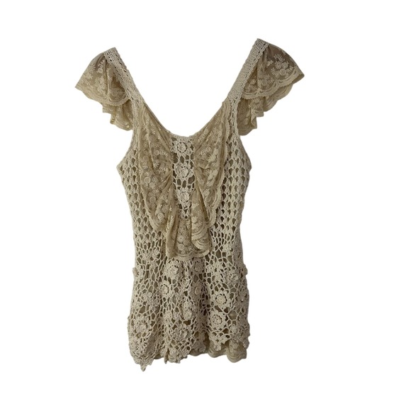 Y2K Crochet Lace Boho Top Cream Womens L Peasant Festival Mesh Coquette Fairy - Picture 1 of 9